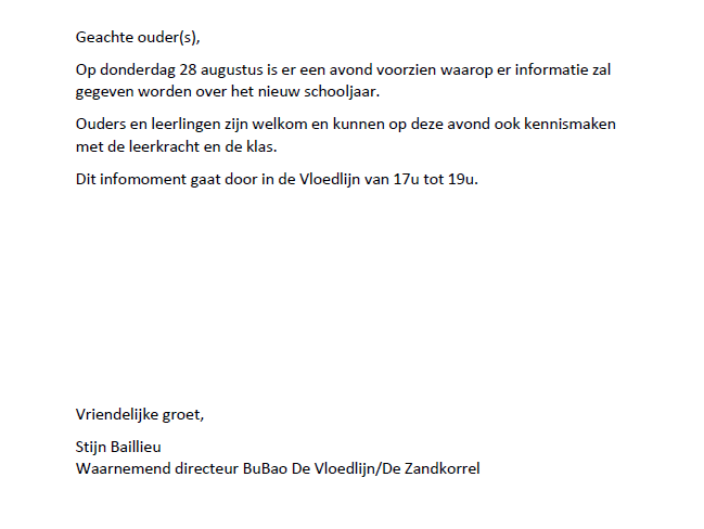 Uitnodiging Info Avond voor ouders op Donderdag 28 augustus 2025