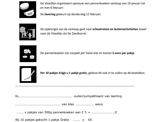 Brief over de Pannenkoeken-verkoop t.v.v. onze Schoolreizen