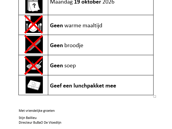 Geen Warme Maaltijden, Broodjes en Soep te verkrijgen op maandag 19 oktober